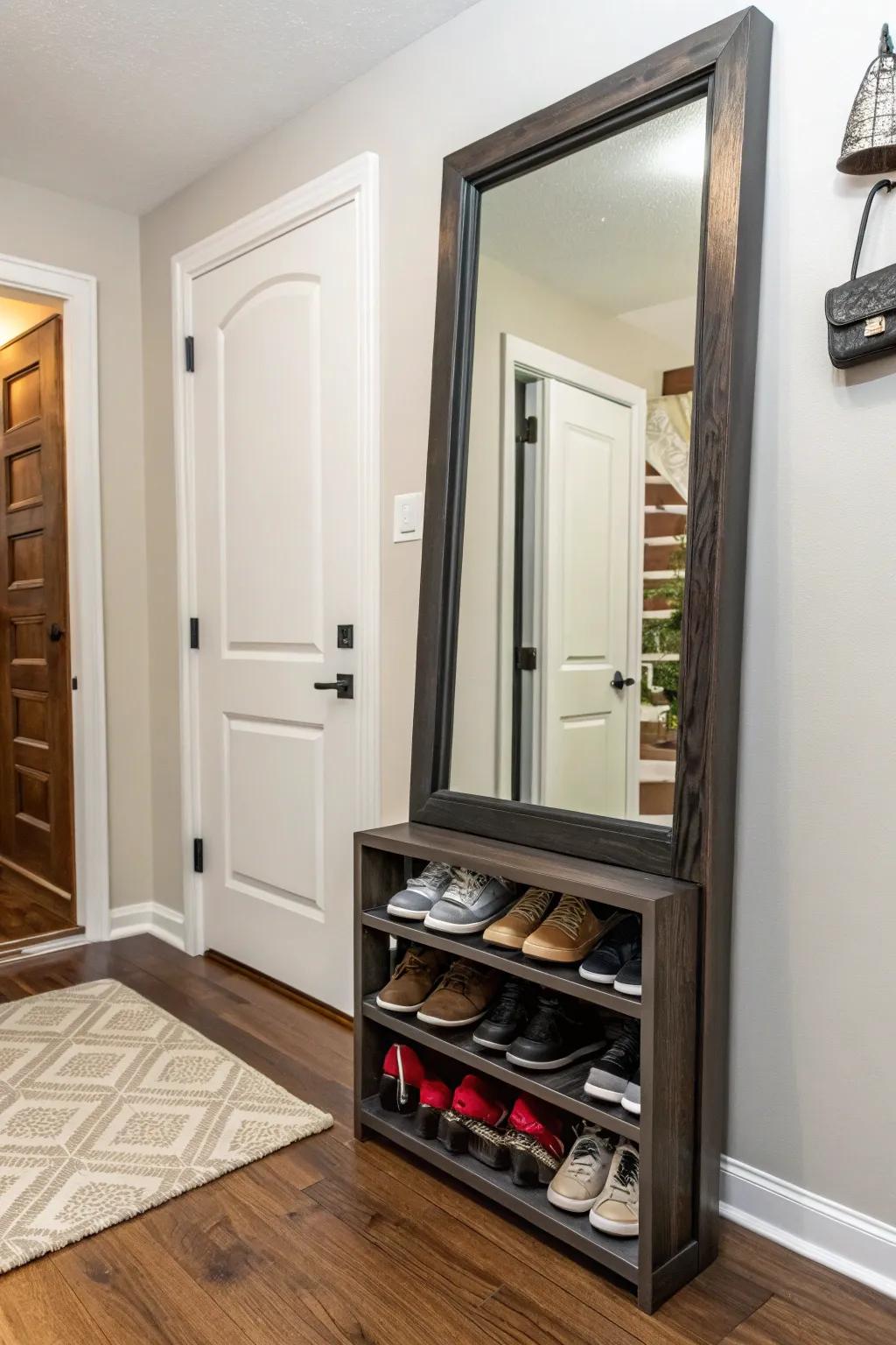 An efficient entryway solution showcasing a full-length mirror and shoe rack.