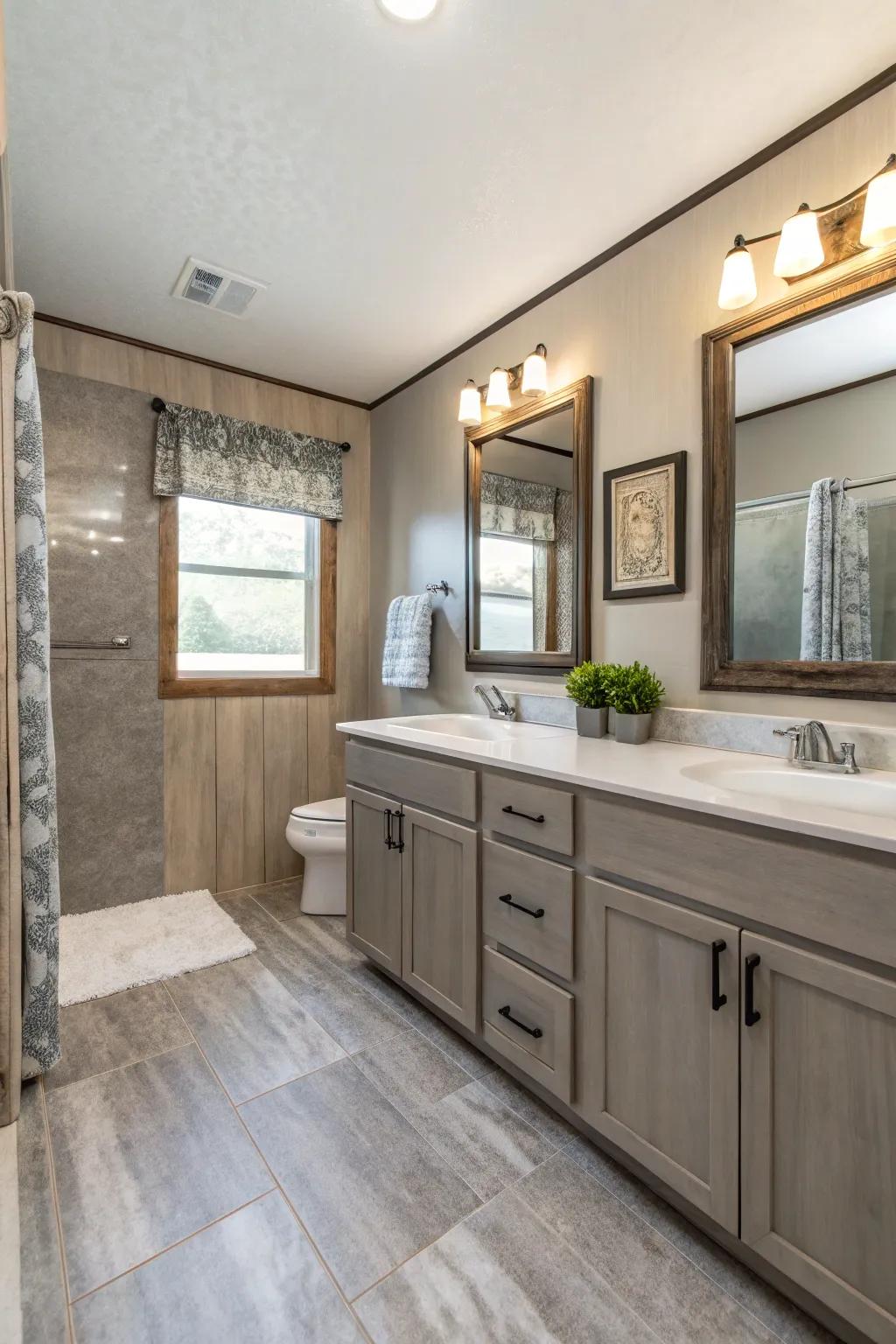 Neutral shades cultivate a tranquil and expansive atmosphere within this primary bathroom.