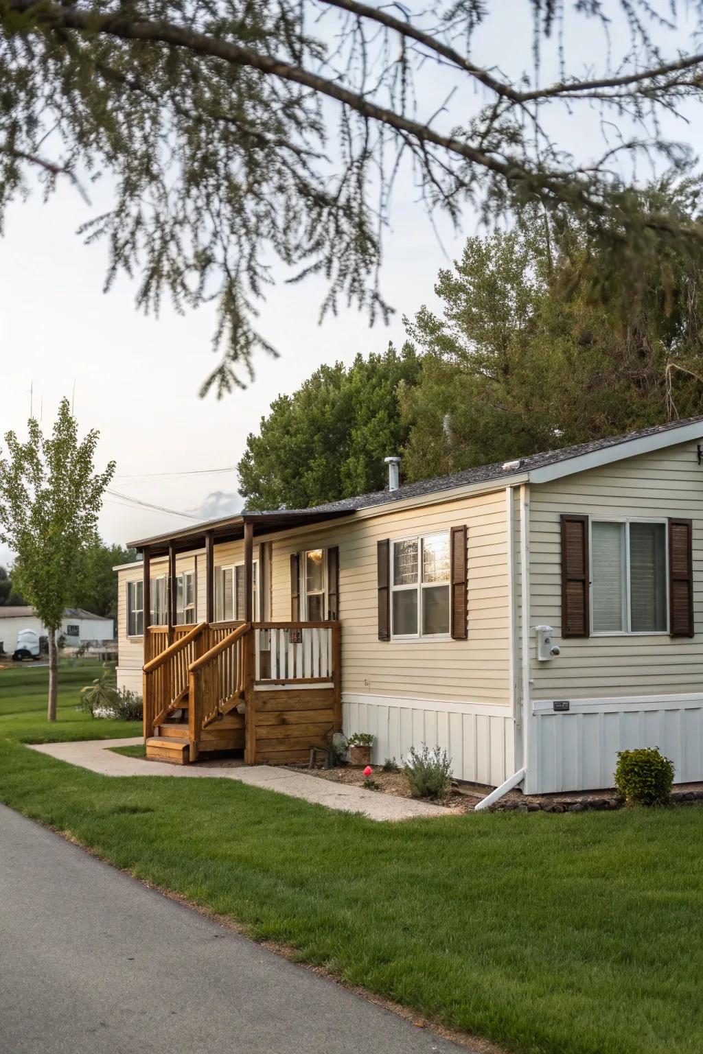 Board and batten shutters lending classic charm to a mobile home.