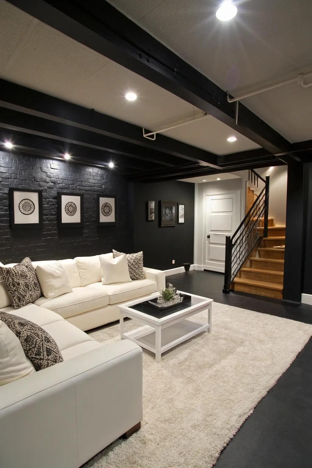Intense ebony adds drama and modernity to your basement.