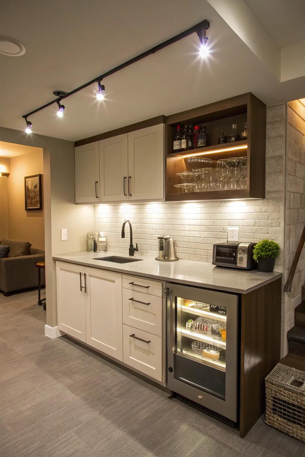 Sub-cabinet illumination in the kitchenette amplifies both style and practicality.