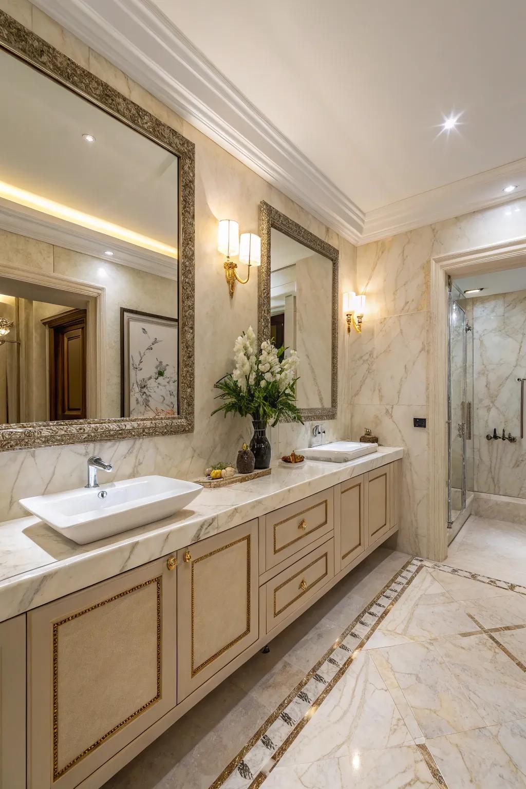 Marble accents introduce luxury to a modern beige bathroom.