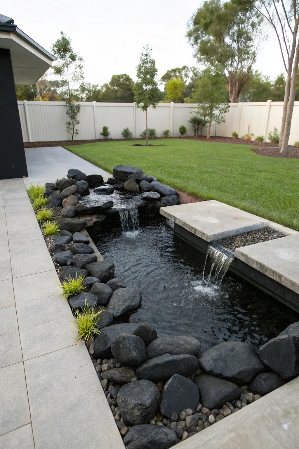 Dark stones adding serenity to a water feature.
