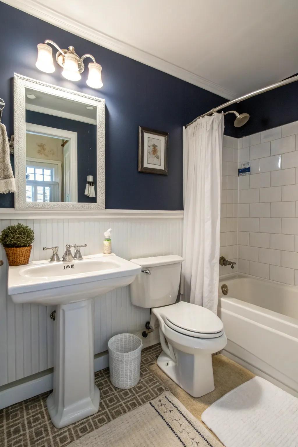 Ultramarine walls fashion a dramatic and opulent environment in this contemporary washroom.