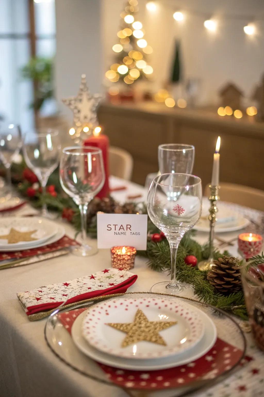 A fanciful table arrangement with celestial patterns and personalized embellishments.