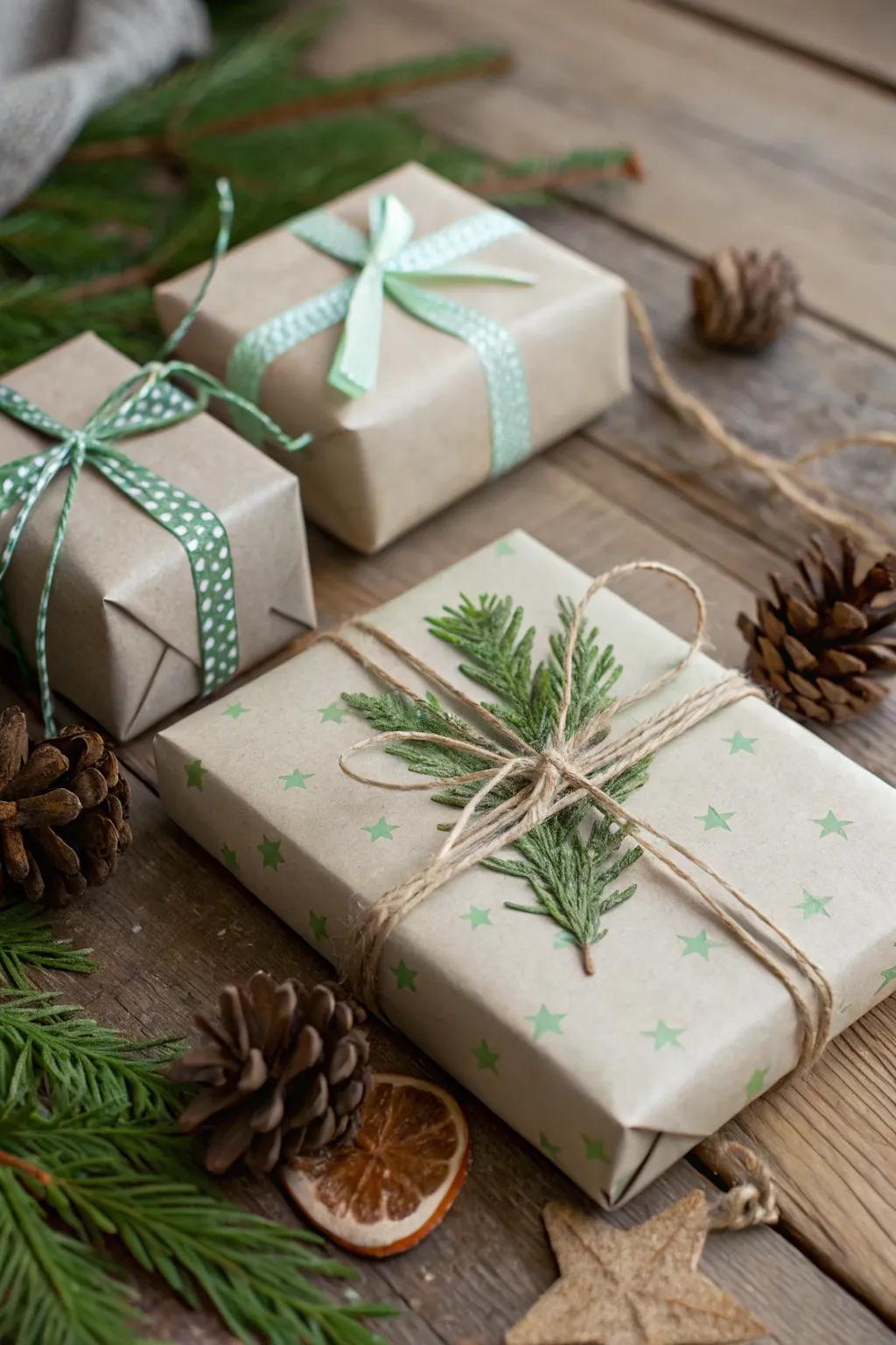 Gifts enveloped in shades of the earth, establishing a tranquil and organic festive atmosphere.