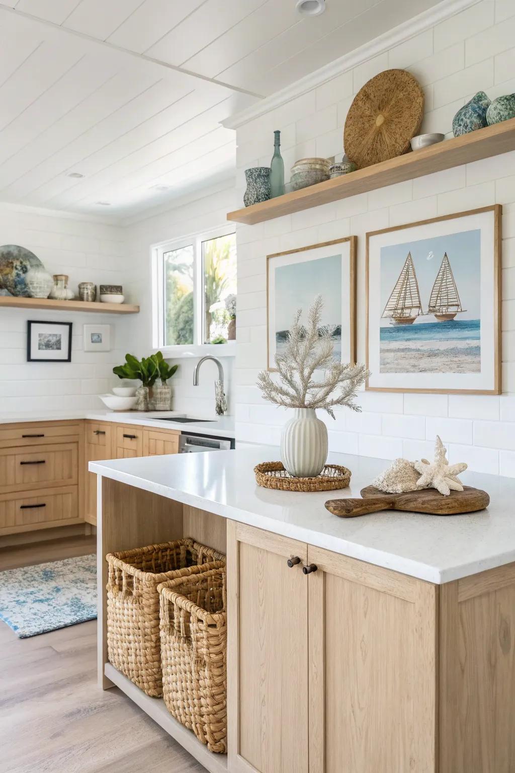 Minimalist adornments heighten the coastal motif in this kitchen.