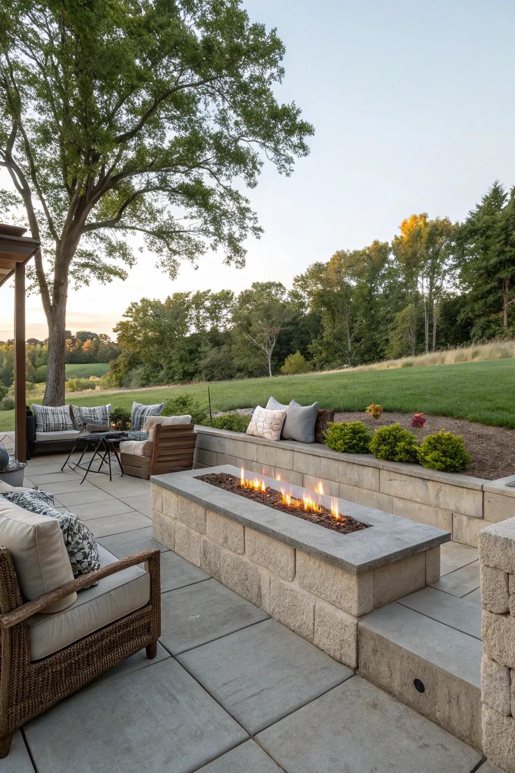 Concrete wall integrated with a fire pit for a cozy outdoor setting.
