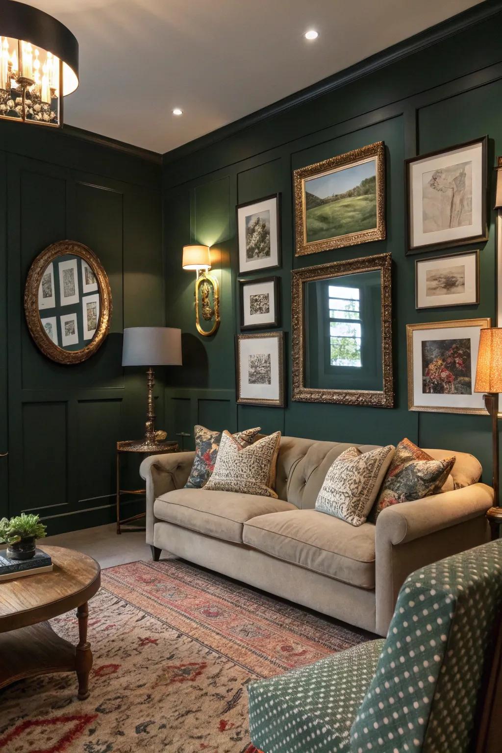 The integration of art and mirrors enhances the depth and personality of a dark green living room.