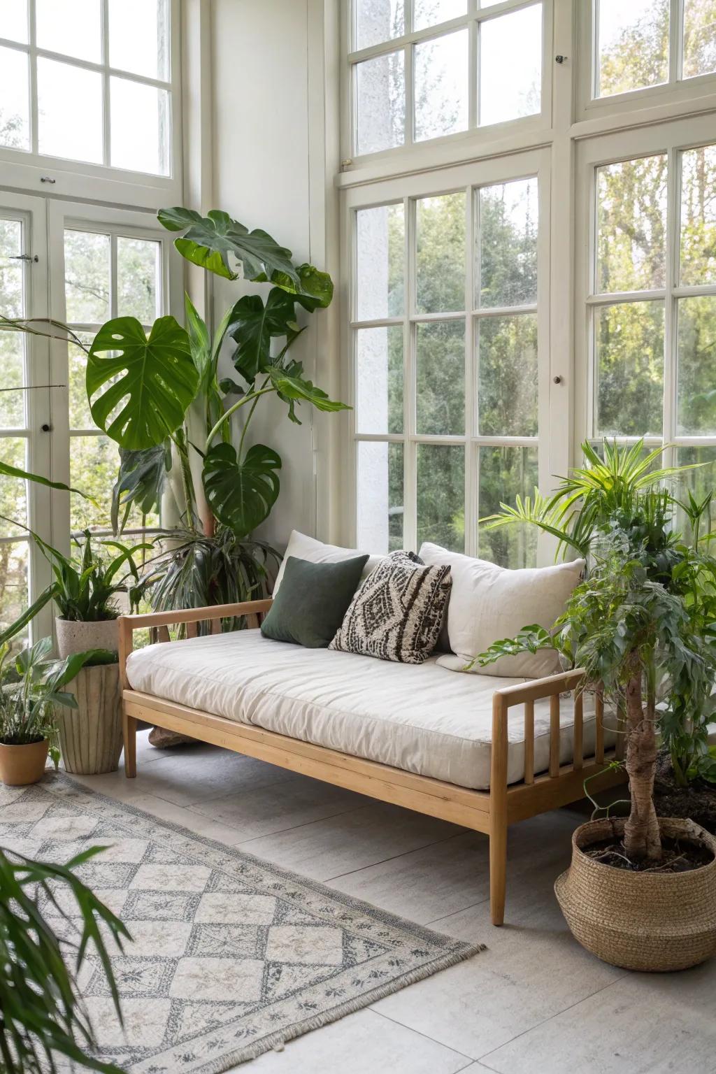 Indoor plants near a daybed present natural parts and liveliness.