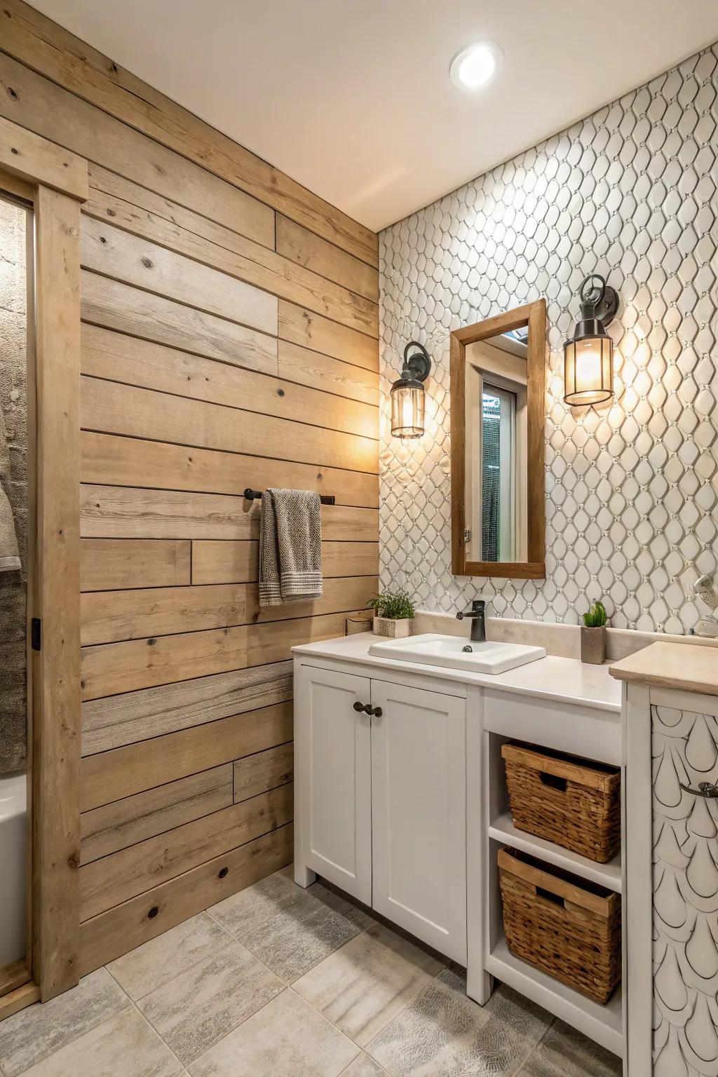 Roughened surfaces introduce depth and interest to this farmhouse bathroom.