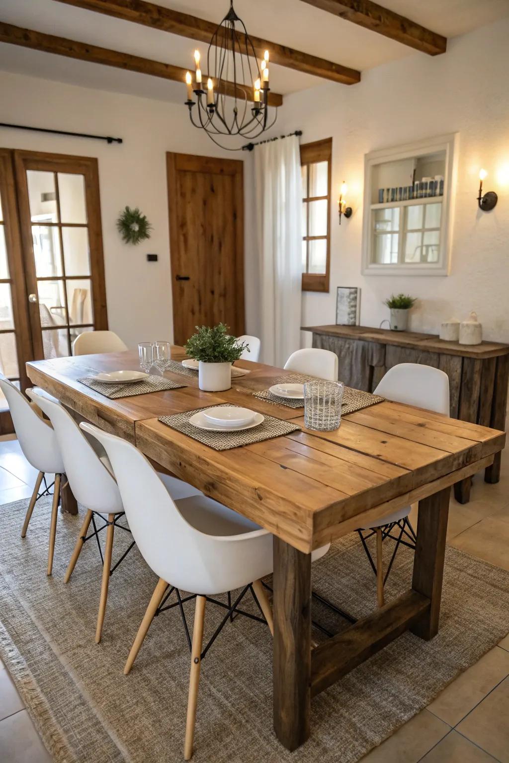 Sleek furnishings harmonize with rustic aspects in this farmhouse dining area.