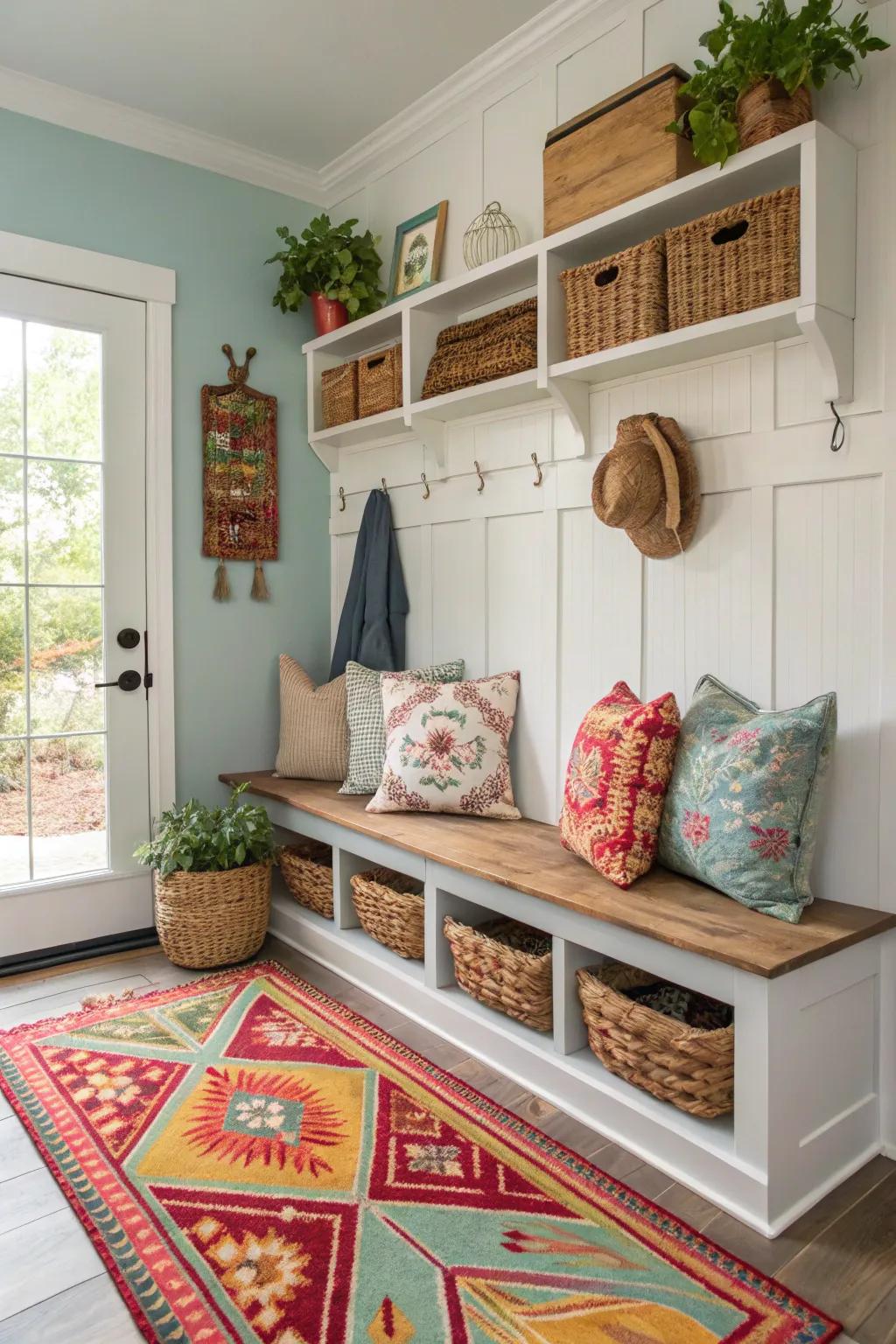 Inviting mudroom presenting ornamental pads and elegant floor coverings.