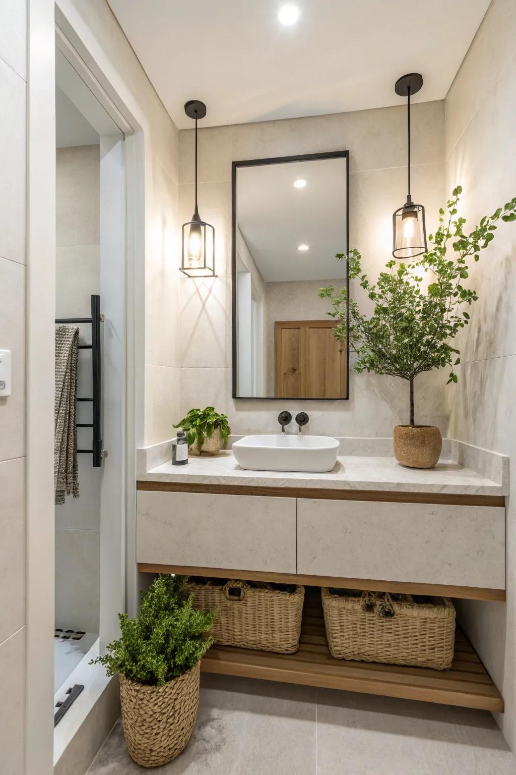 Minimalist decor with small plant touches in a washroom.