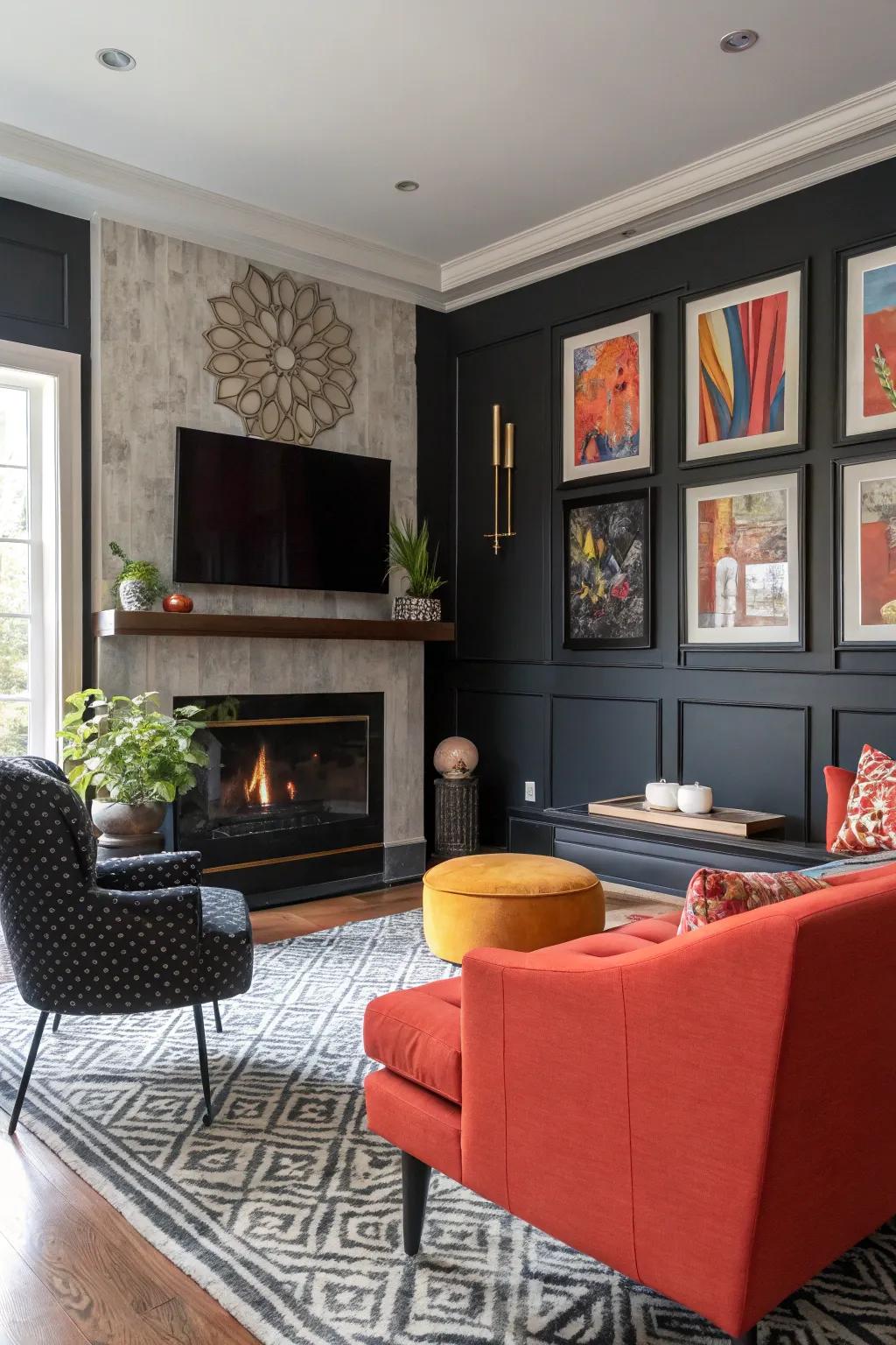 Divergent hues make the hearth and display screen the prominent attributes of the area.