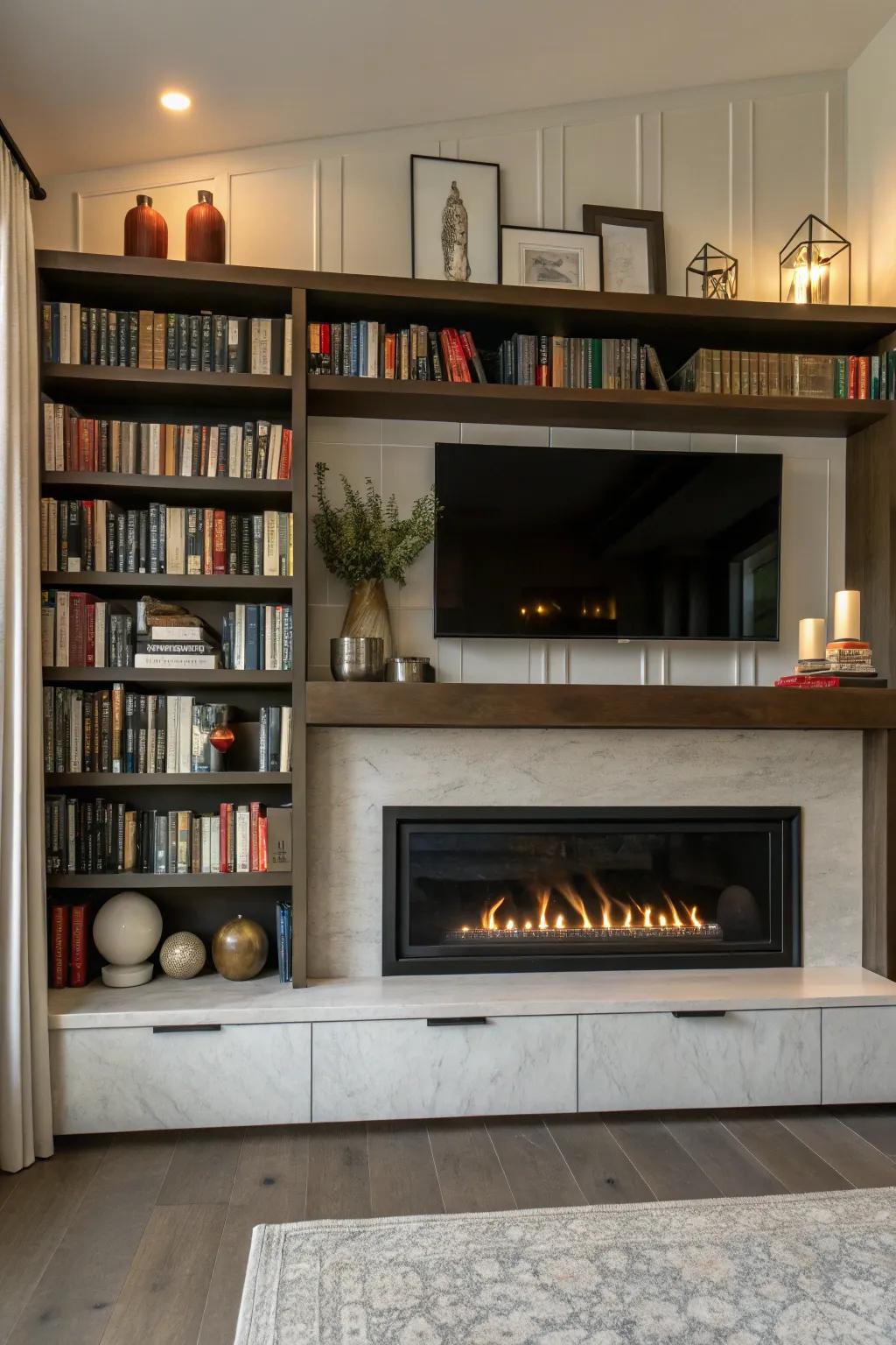 A modern firebox with built-in shelving blends practicality with visual appeal.