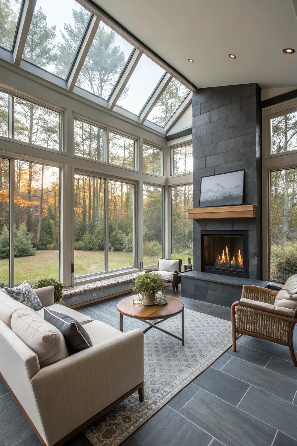 A stylish fireplace injects warmth and atmosphere into this sunroom.