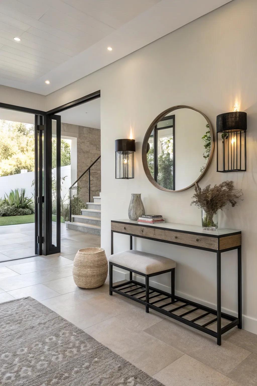 Minimalist furniture maintains a sleek and uncluttered entrance hall design.