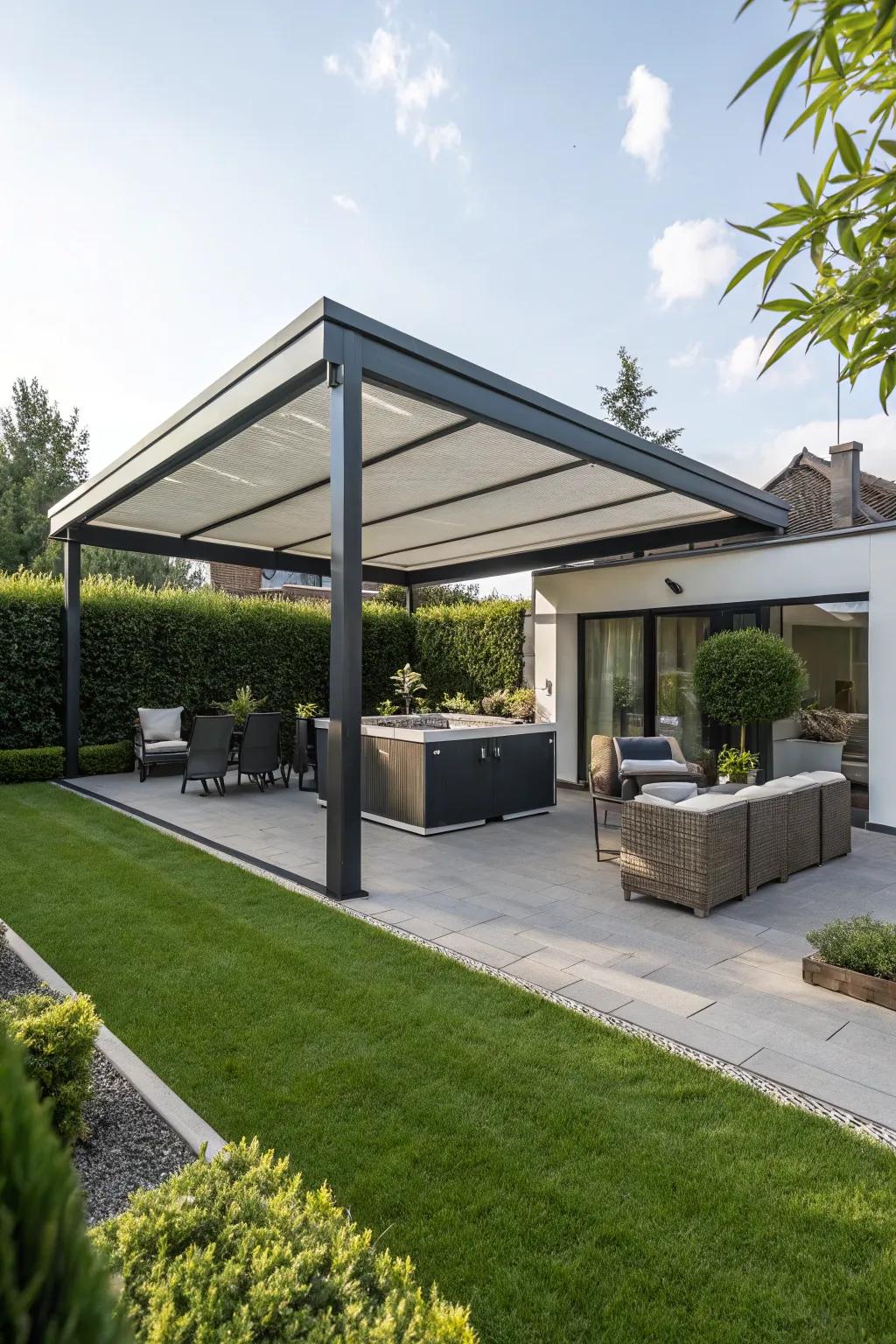 A convertible gazebo with a retractable roof for versatile outdoor enjoyment.