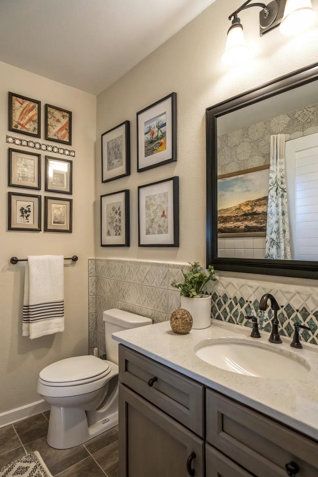 A bathroom exhibiting framed artwork and ornamental prints for a sophisticated touch.