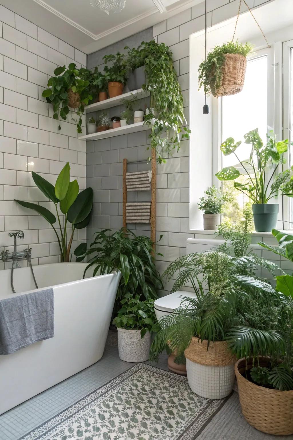 Verdant elements introduce a touch of nature and vibrancy to the bathroom.