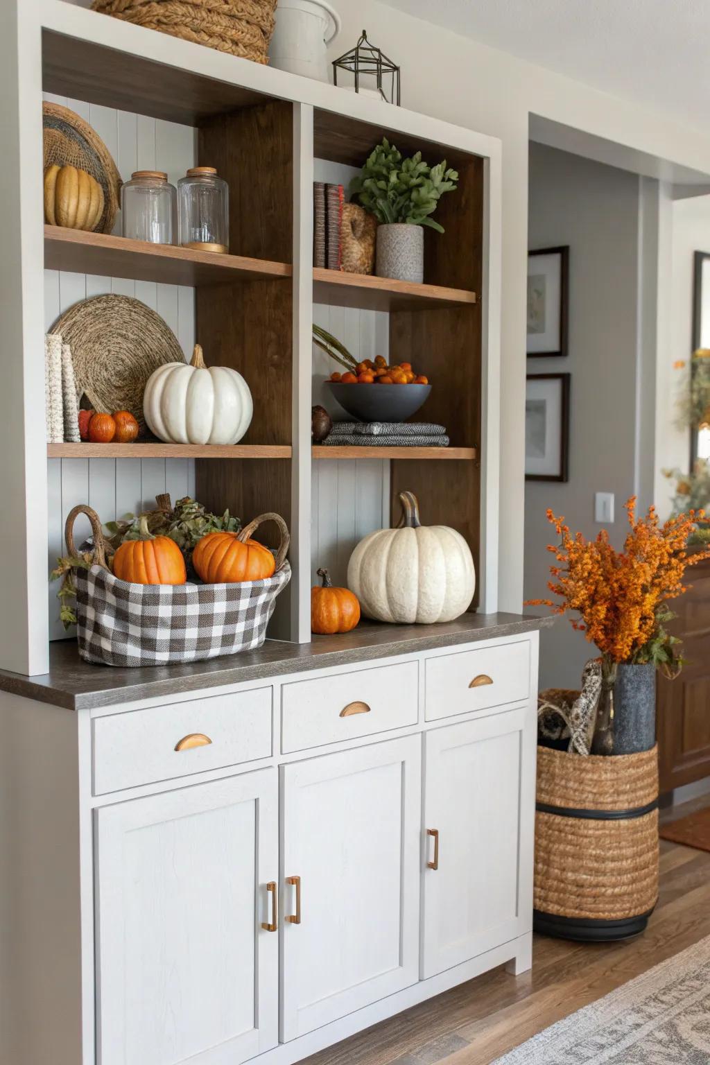 Periodic ornaments keep the display cabinet current and attuned to the seasons.