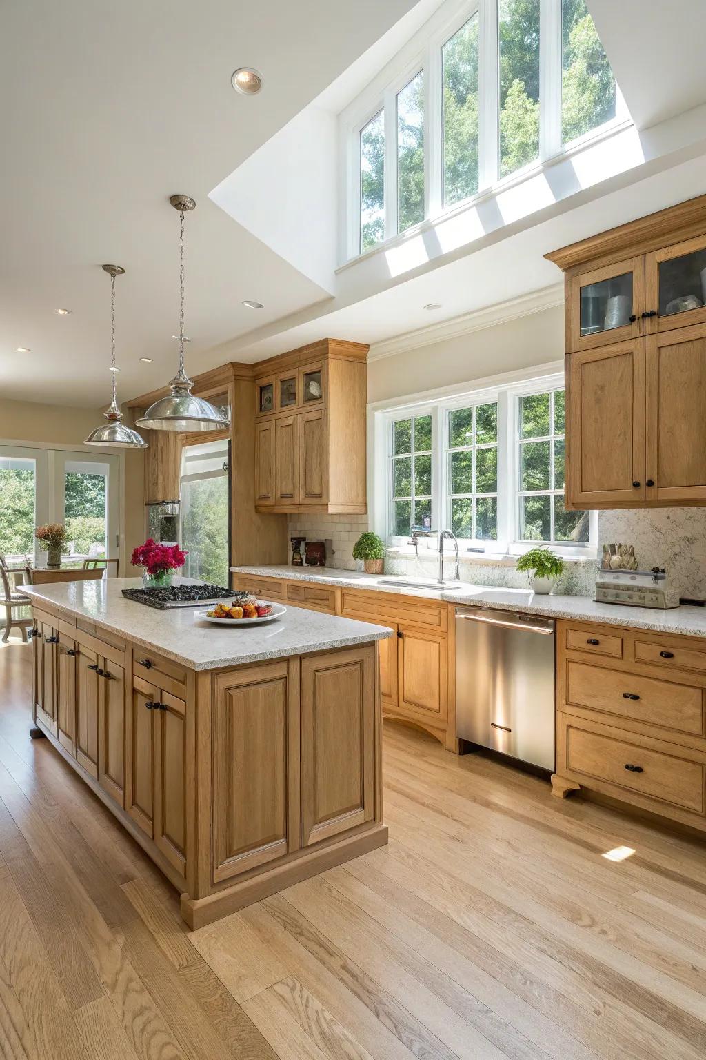 Light flooring enhances the innate beauty of timber vanities in an up-to-date cooking space.