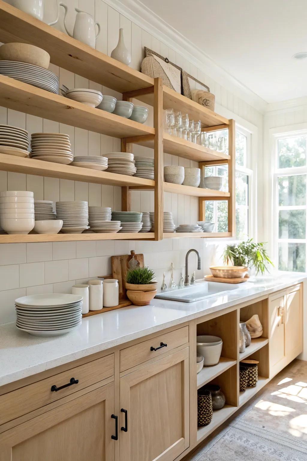 Open shelving in light oak timber delivers both aesthetic and practical benefits.