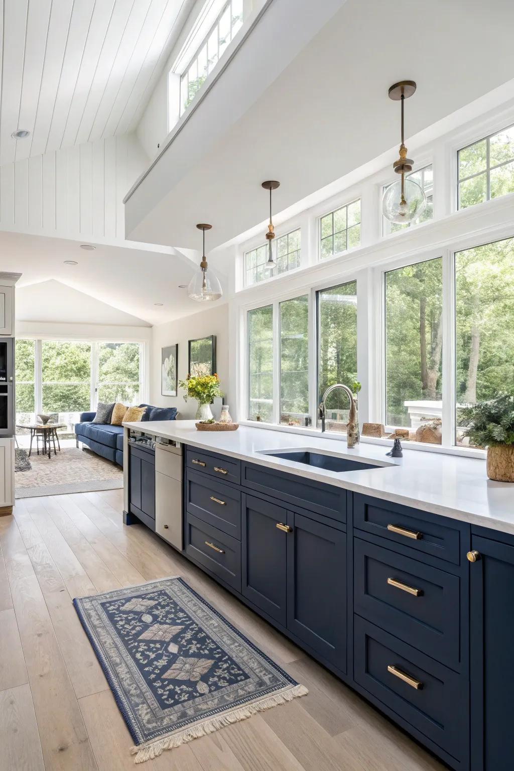 A big space lets dark blue cabinets shine without feeling crowded.