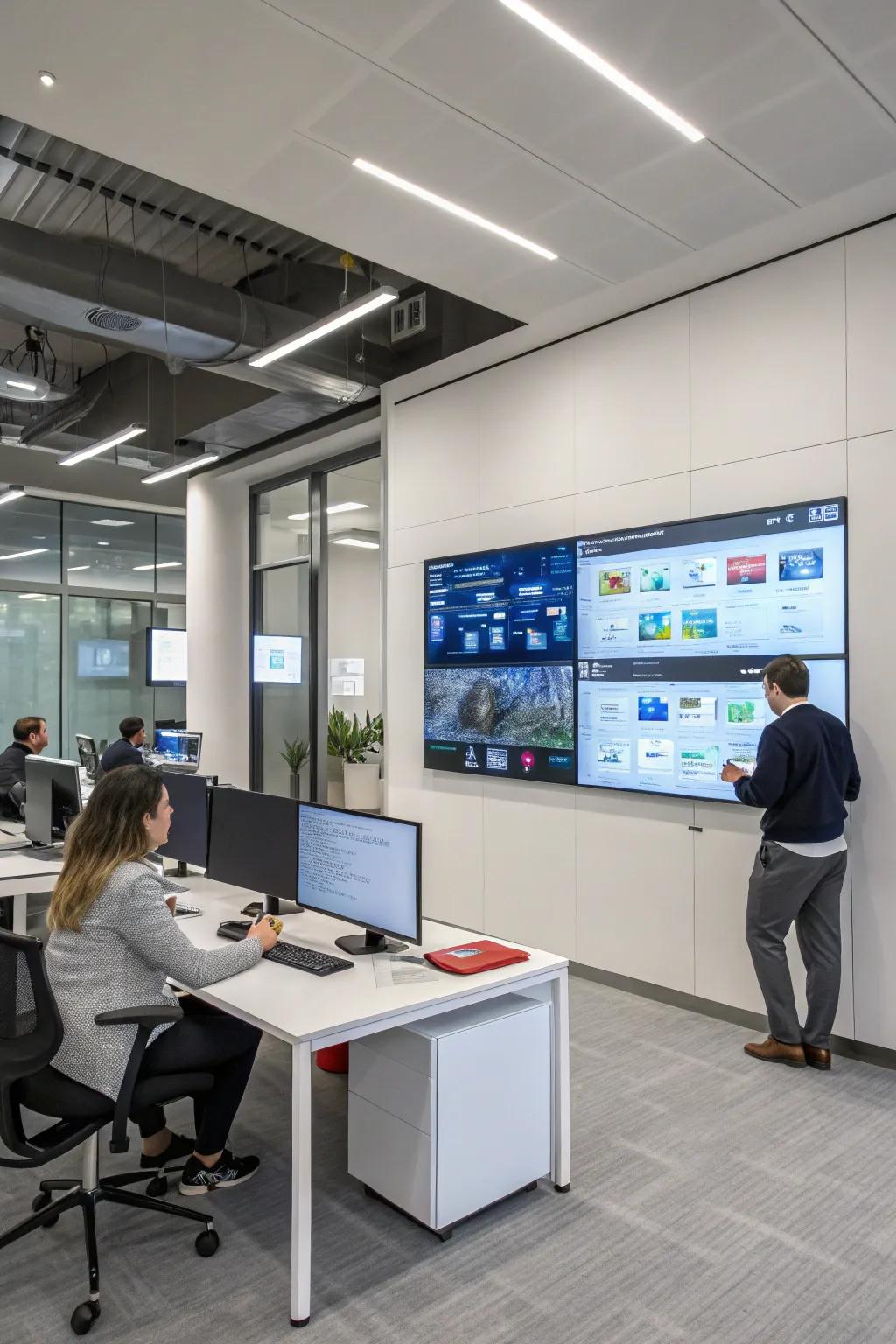 A modern space fitted with a smart board and interactive screens.