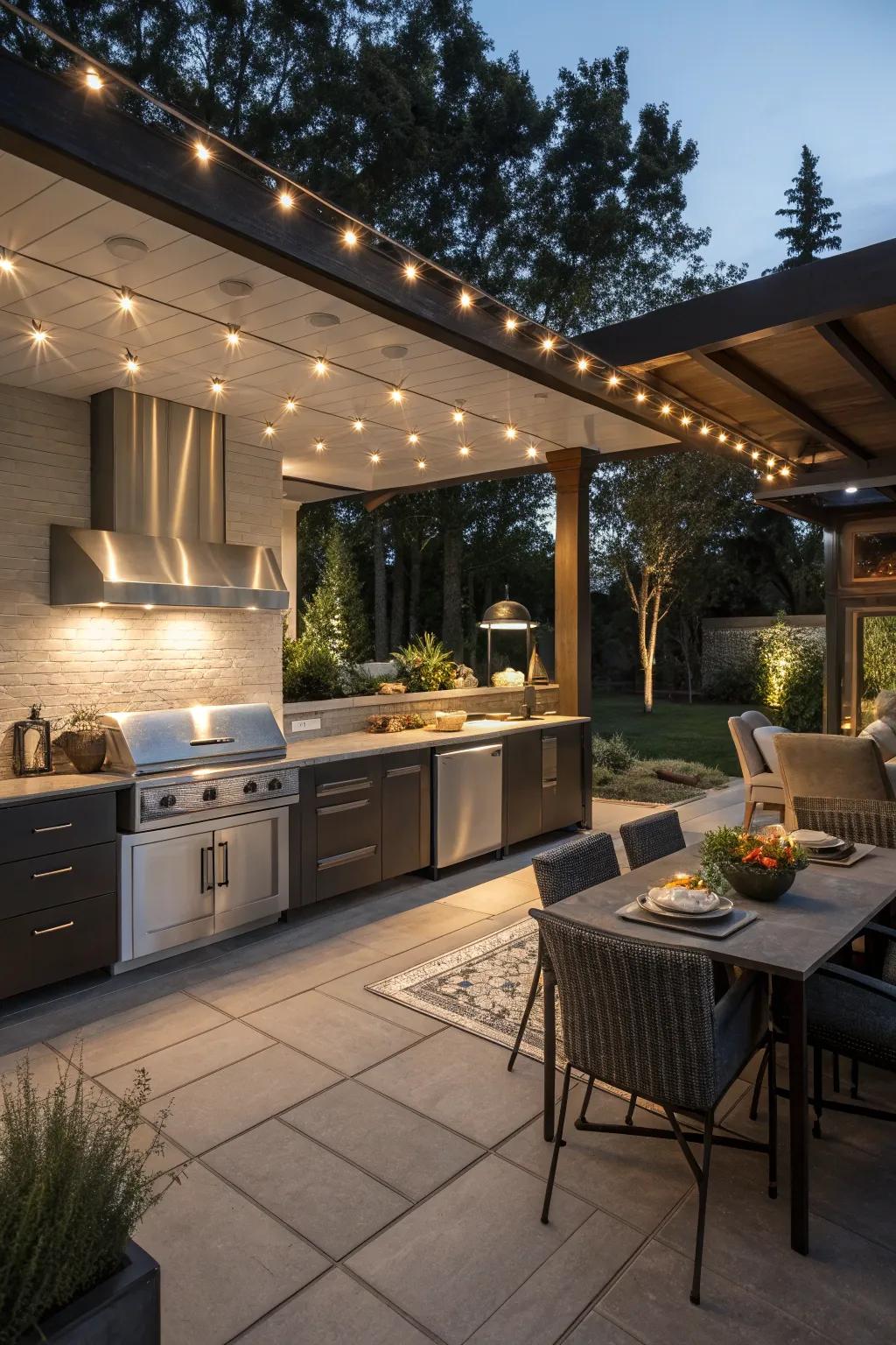 Atmospheric illumination that improves the ambiance of an evening outdoor cooking area.