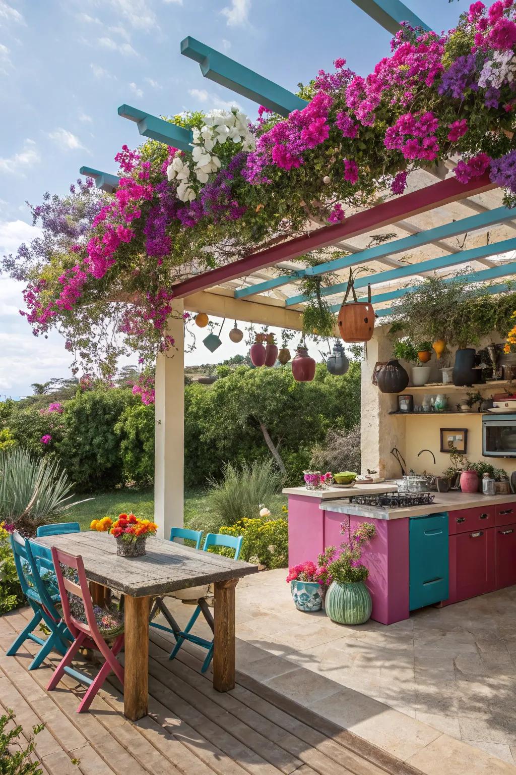 Bold-colored pergola making a statement over an outdoor kitchen.