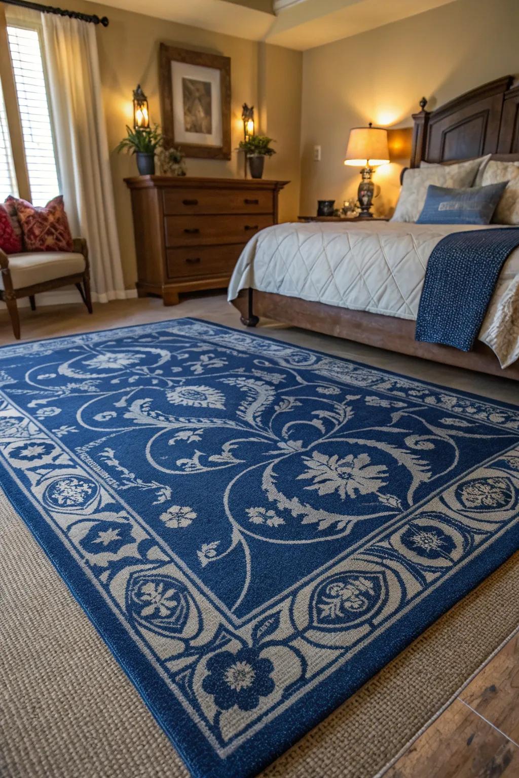 A patterned floor covering adds feel and unites the regal blue motif.