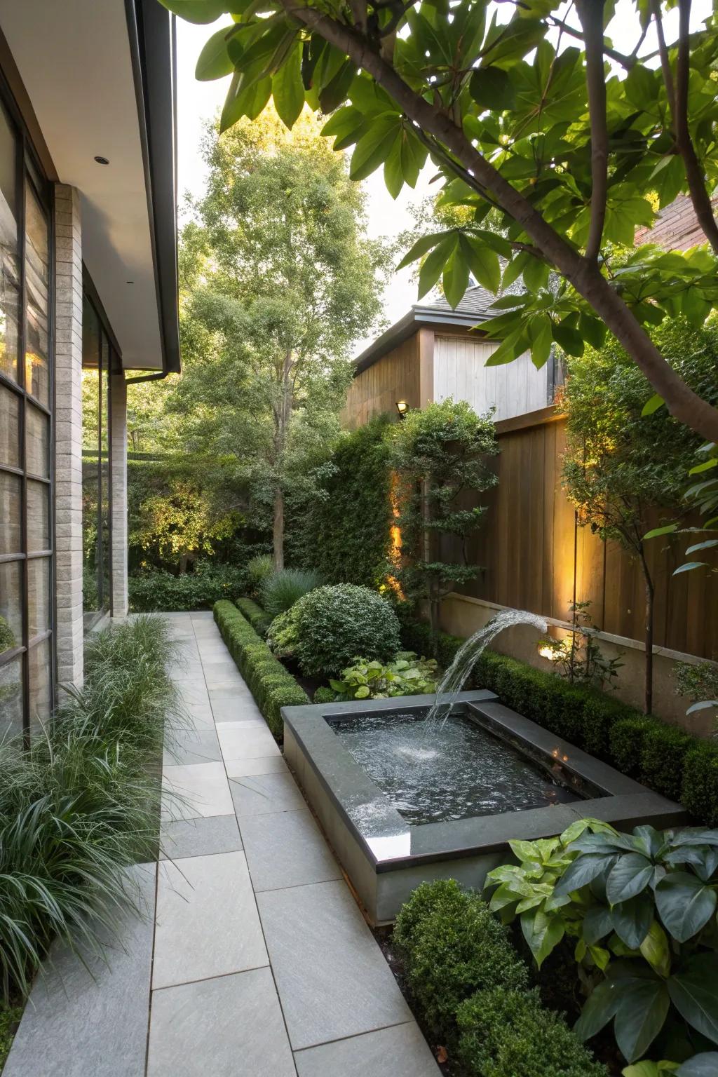 A water feature contributes serenity and visual interest.