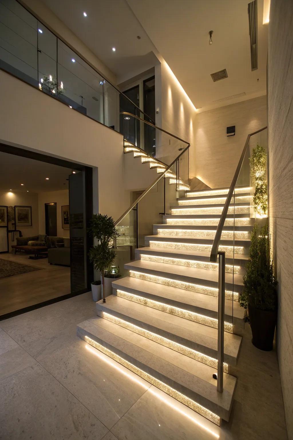 LED lighting under steps creates a captivating ambiance and improves safety.