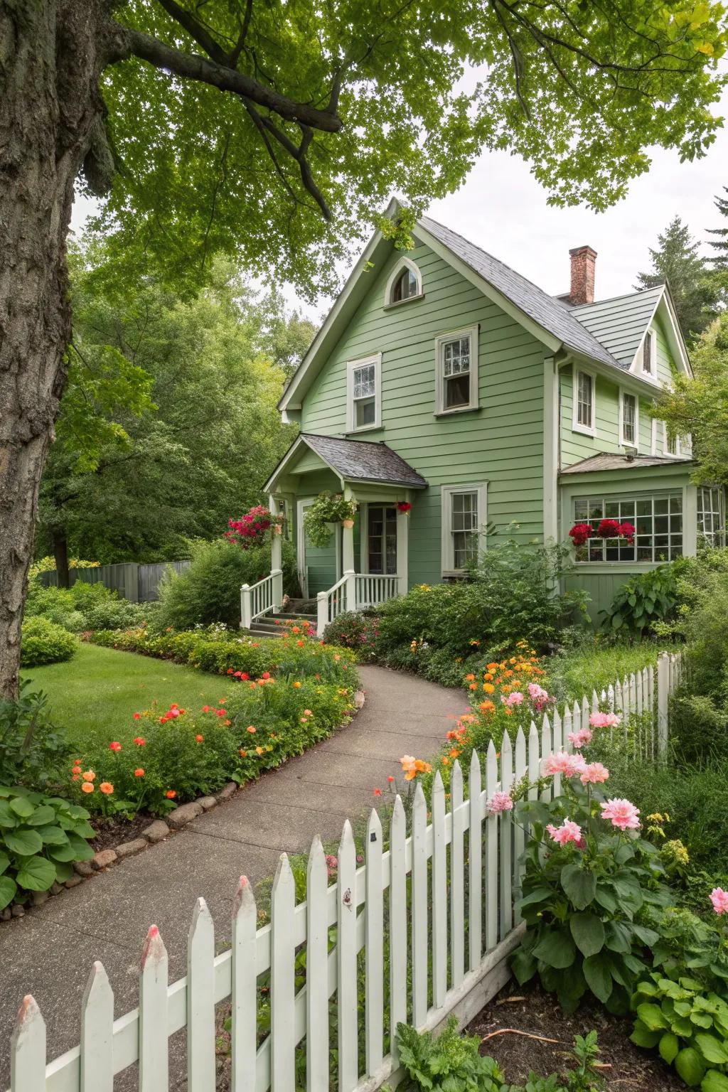 Herbal green stucco home with a lush garden setting.
