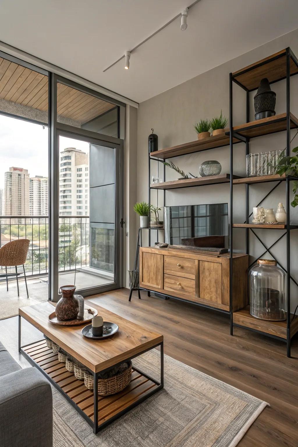 A studio apartment with a contemporary feel thanks to the combination of wood, metal, and glass.