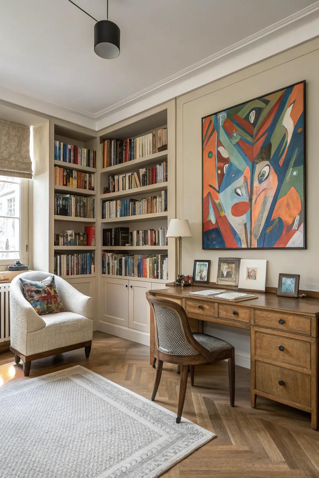 A customized study showcasing art that sparks creativity.