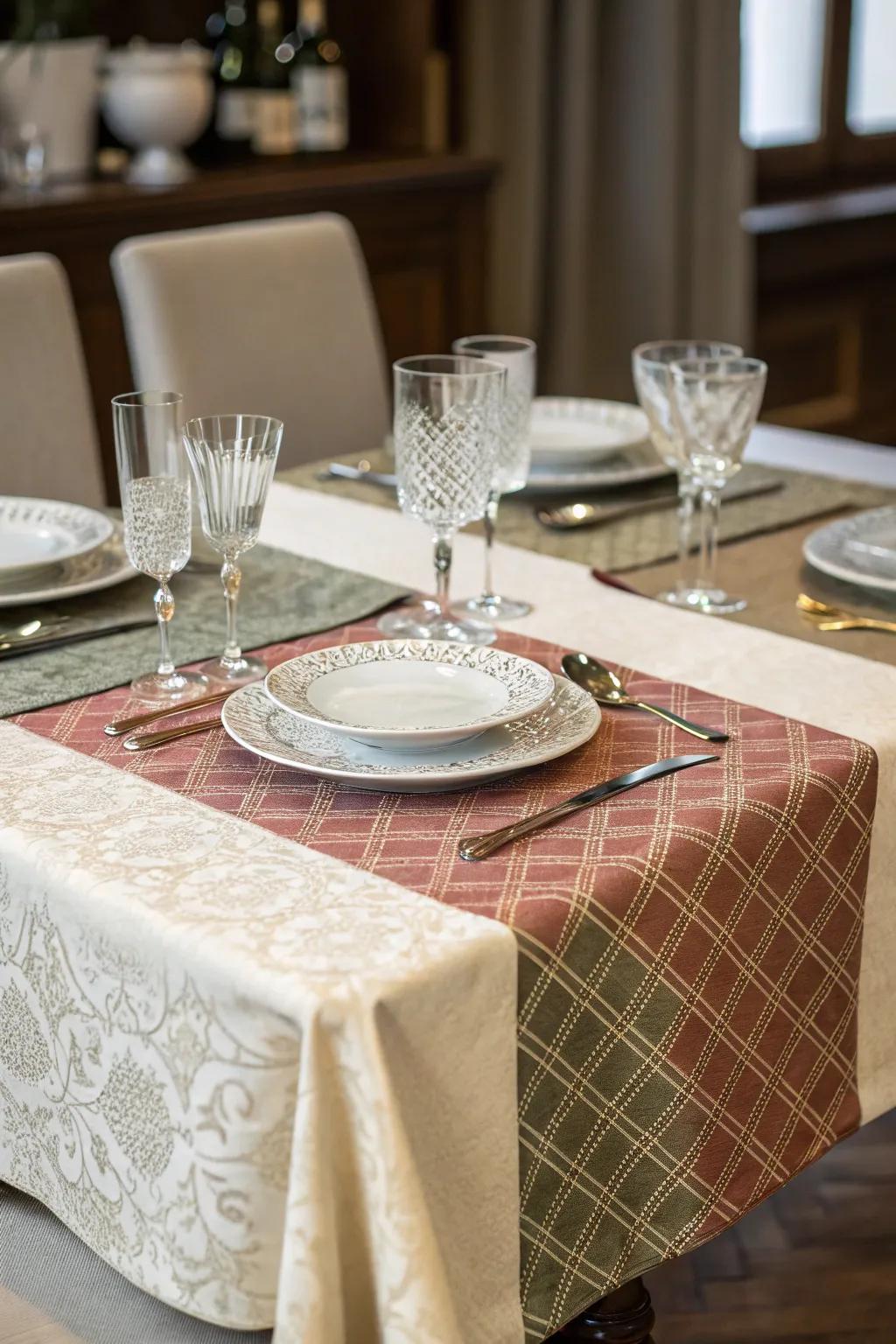 Two-shade textures add depth and contrast to the dining table.