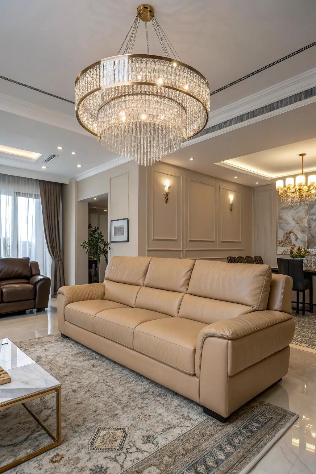 Articulated illumination underscores the splendor of a russet hide settee.