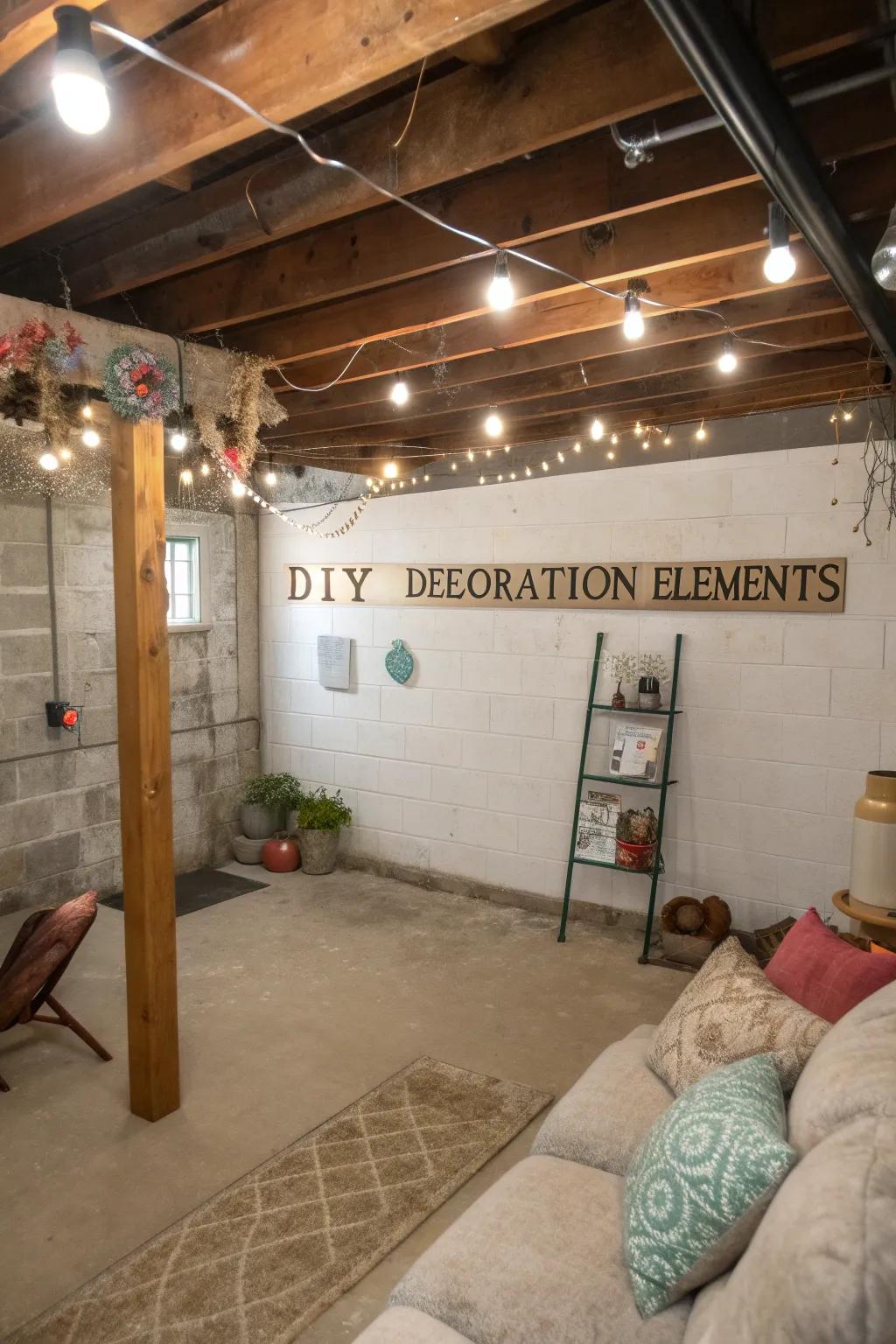 DIY solutions add unique flair to an unfinished basement.