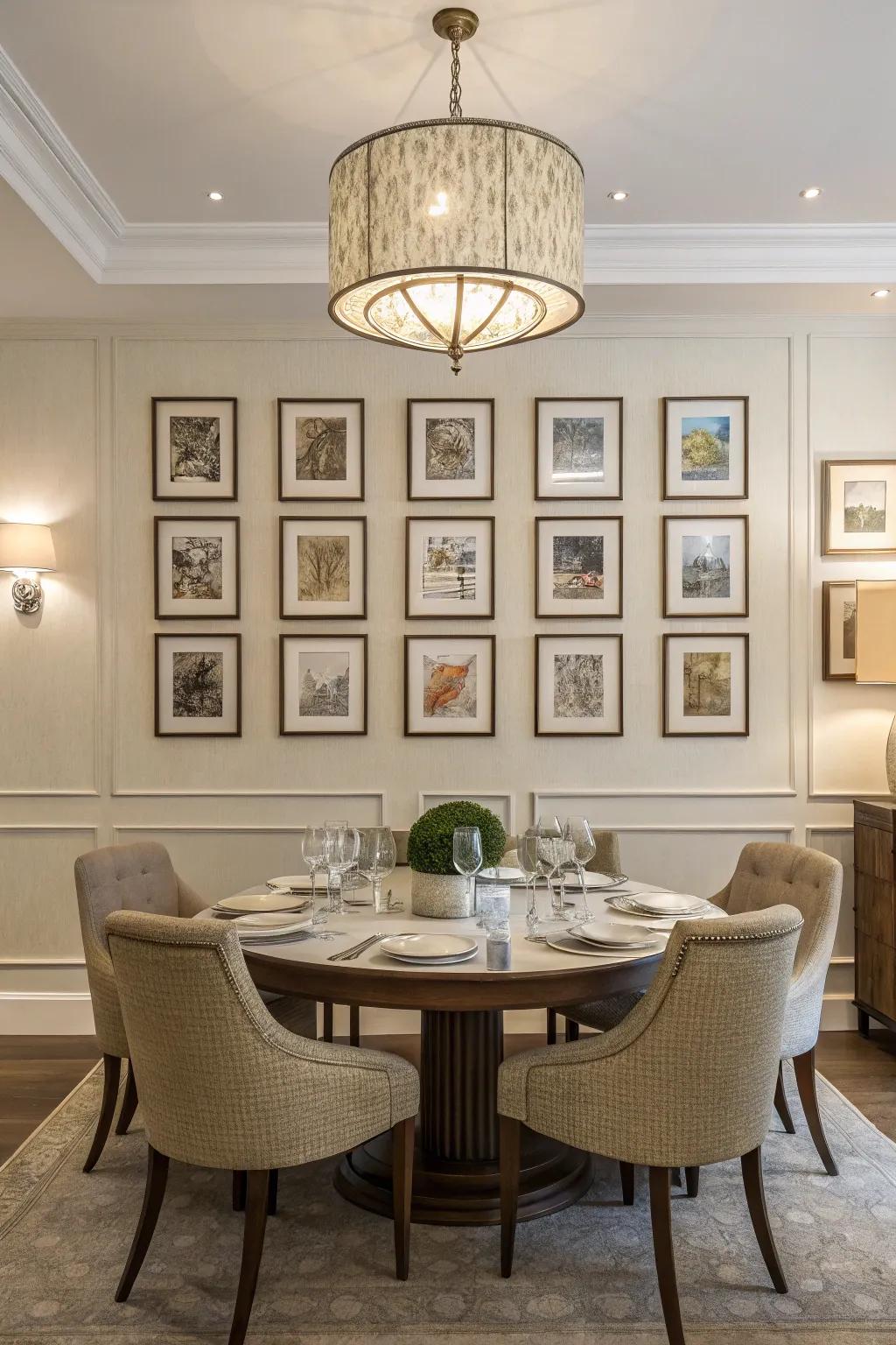 Harmonious art arrangement contributing equilibrium to a food consumption area.