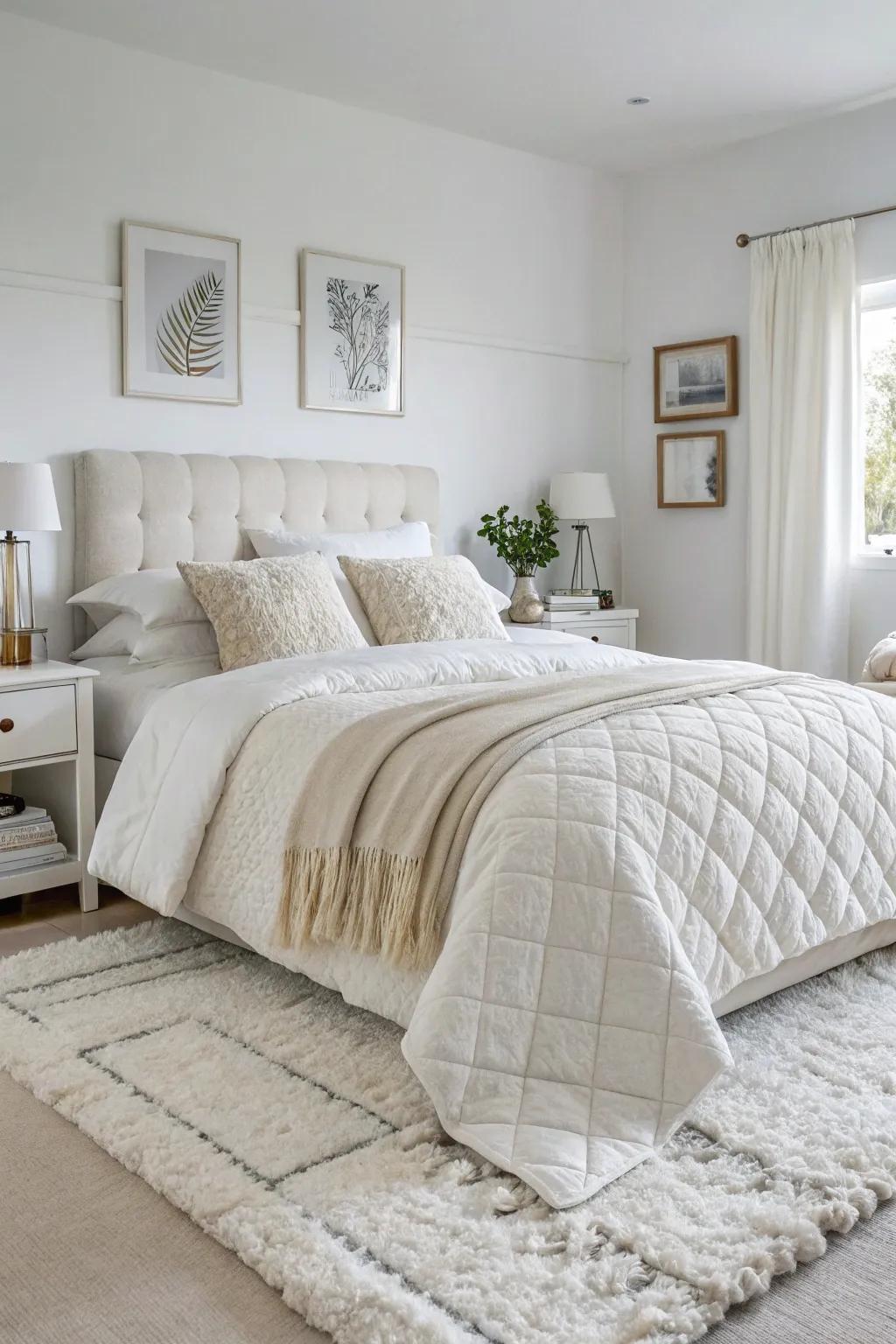 Sumptuous bedding creates an inviting and cozy centerpiece.