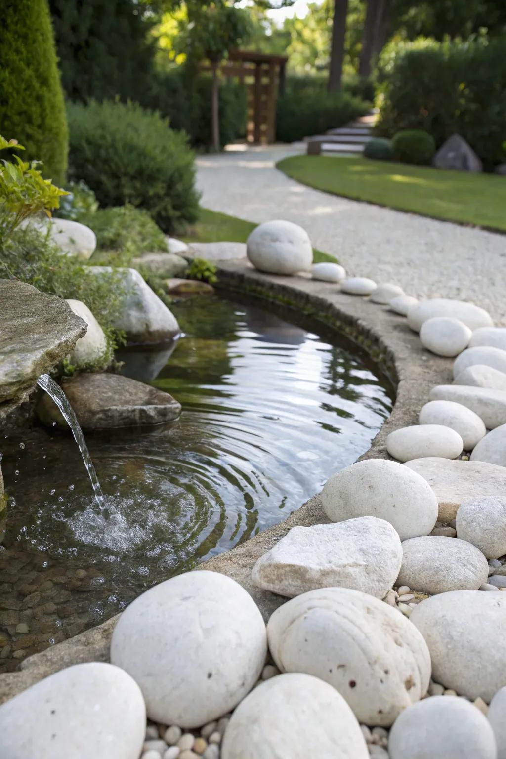 A serene water feature surrounded by pale stones, creating a peaceful garden nook.