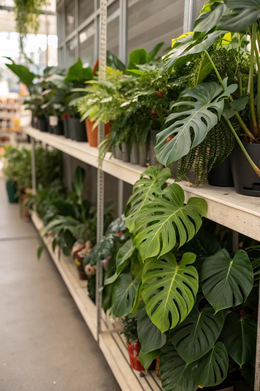 Monstera leaves are displayed in a vibrant botanical arrangement on a shelf.