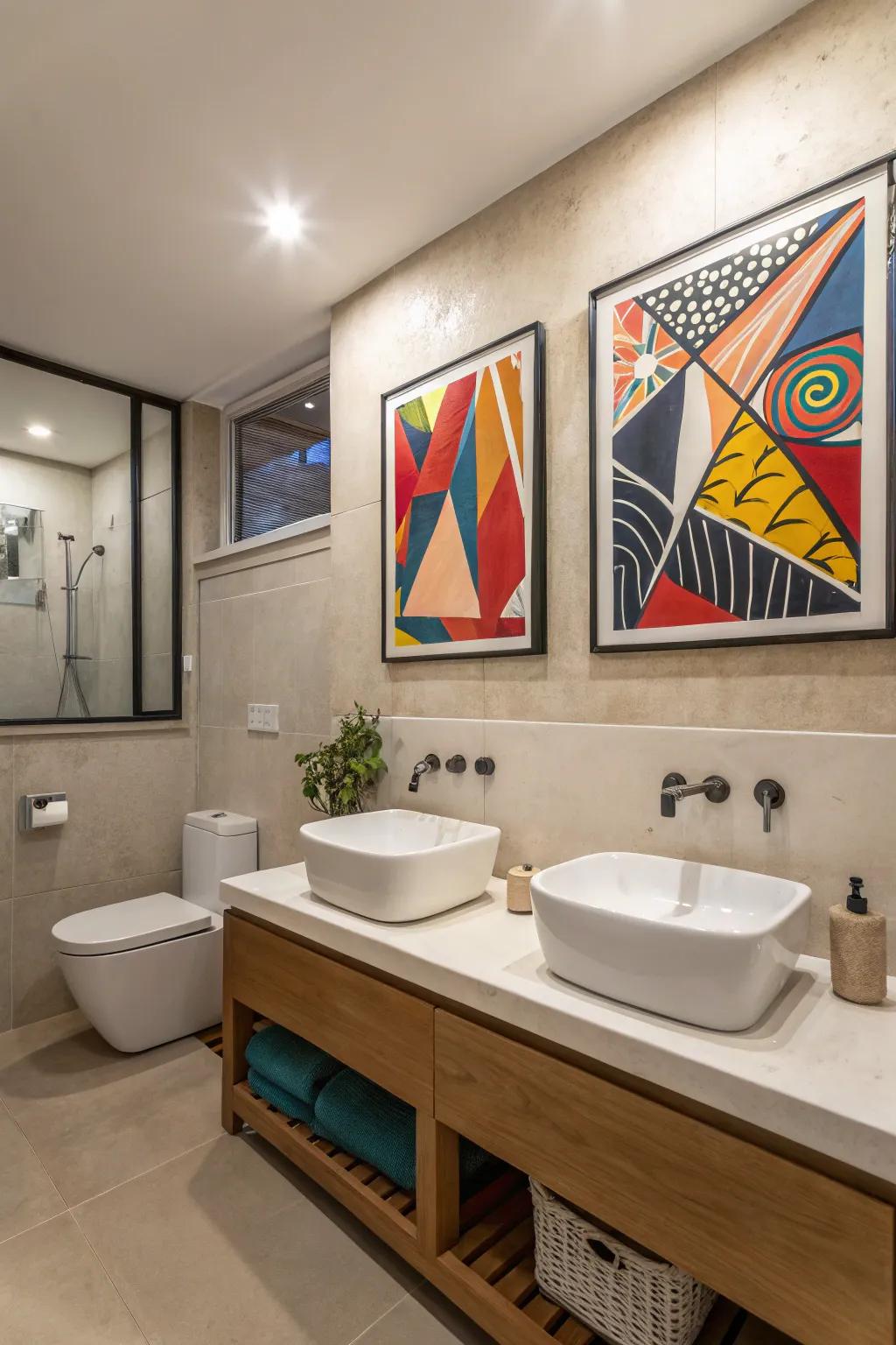 Artistic components instill personal styling into subdued bathrooms.