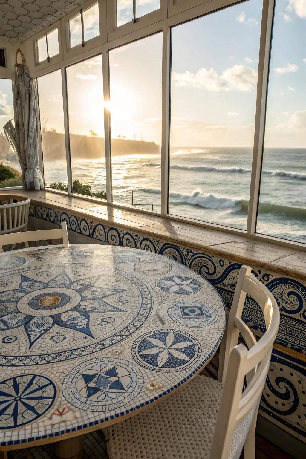 Nautical mosaic themes capture the serene allure of the sea.