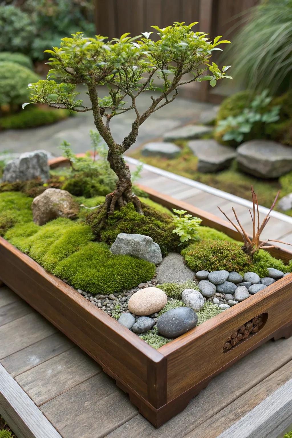 A bonsai-inspired moss garden that imparts a serene sophistication indoors.