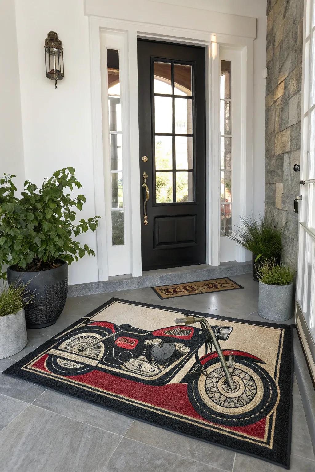 A custom motorbike rug adding charm to the entryway.