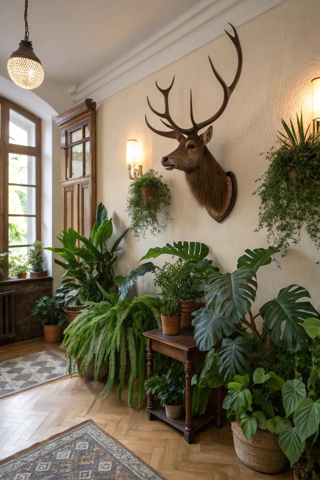 A room revitalized with nature-themed decor components.